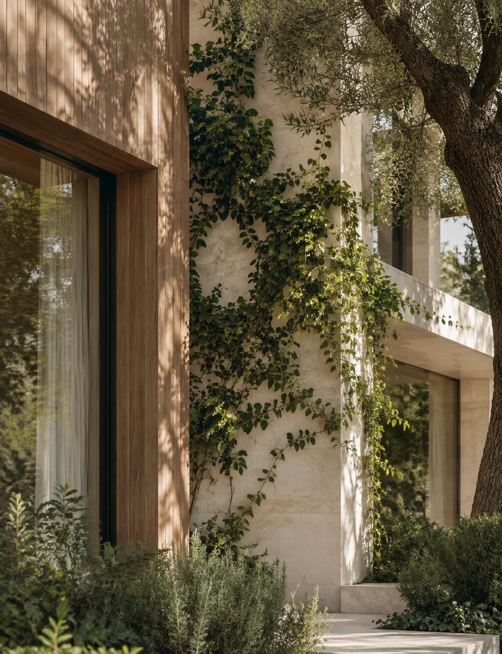 Detail of a building façade where timber, pale stone and glass meet, with climbing greenery and dappled tree shadow.