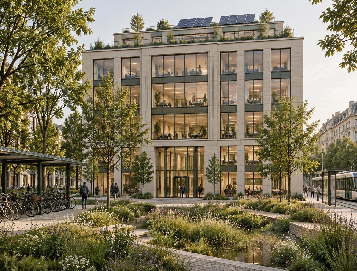 Existing stone-and-glass office building surrounded by planted grounds, a rain garden, covered bicycle parking and a tram stop, with roof solar panels.