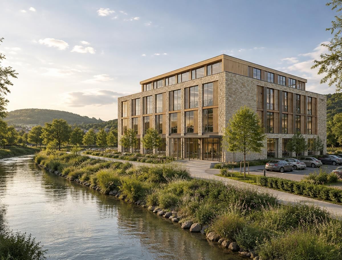 Stone and timber office building beside a river, with a planted riverbank, young trees and a small car park in warm evening light.