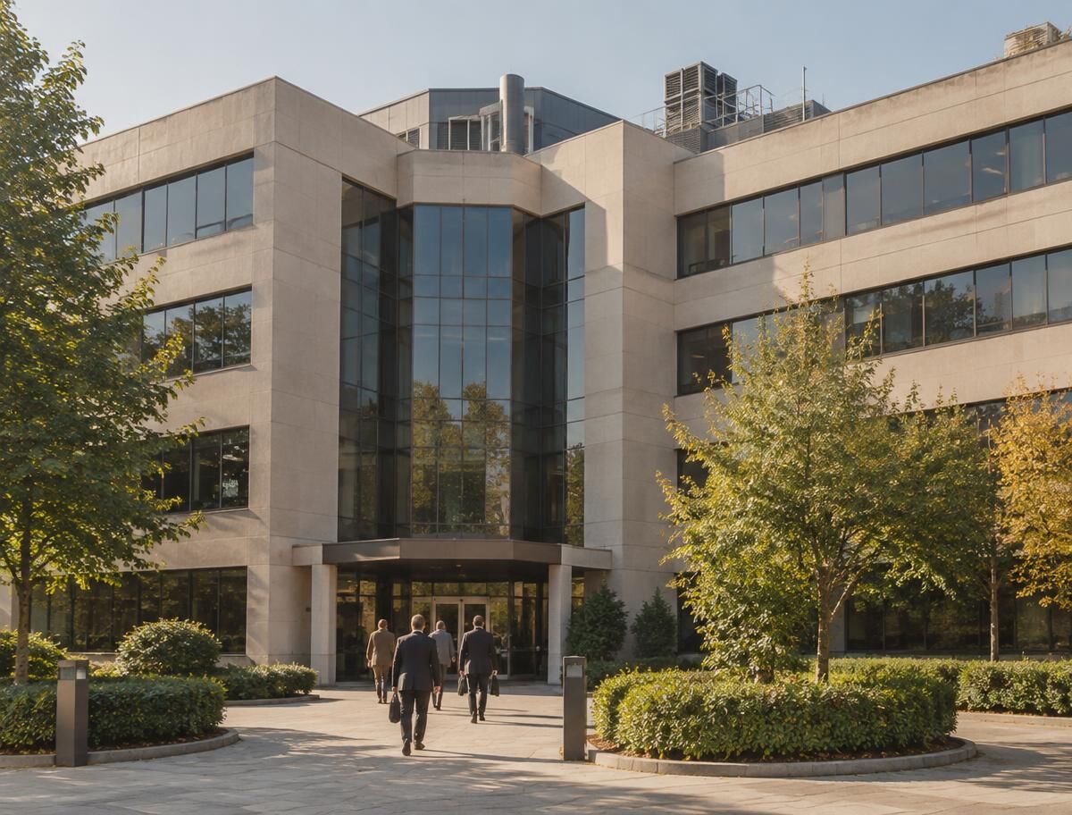 Good-quality 1990s office building with beige stone panels, tinted glazing and rooftop plant equipment, with people walking to the entrance.