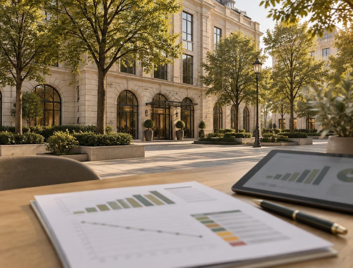 Stone commercial building on a tree-lined plaza, with an assessment report showing performance charts and a colour-coded priority table on a table in the foreground.