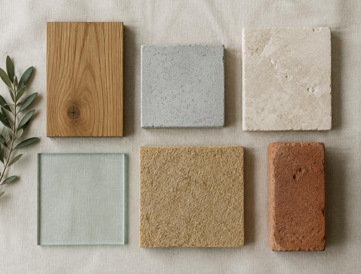 Building material samples of oak, concrete, limestone, glass, wood-fibre insulation and brick arranged on linen.