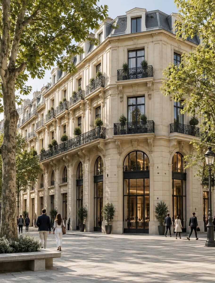 Refurbished stone commercial building with planted balconies facing a tree-lined square where people walk.