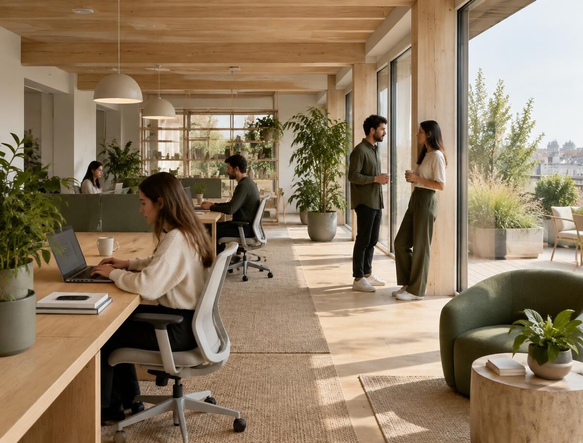 Daylit timber workplace with plants, people working at desks and two colleagues talking by windows that open onto a planted terrace.